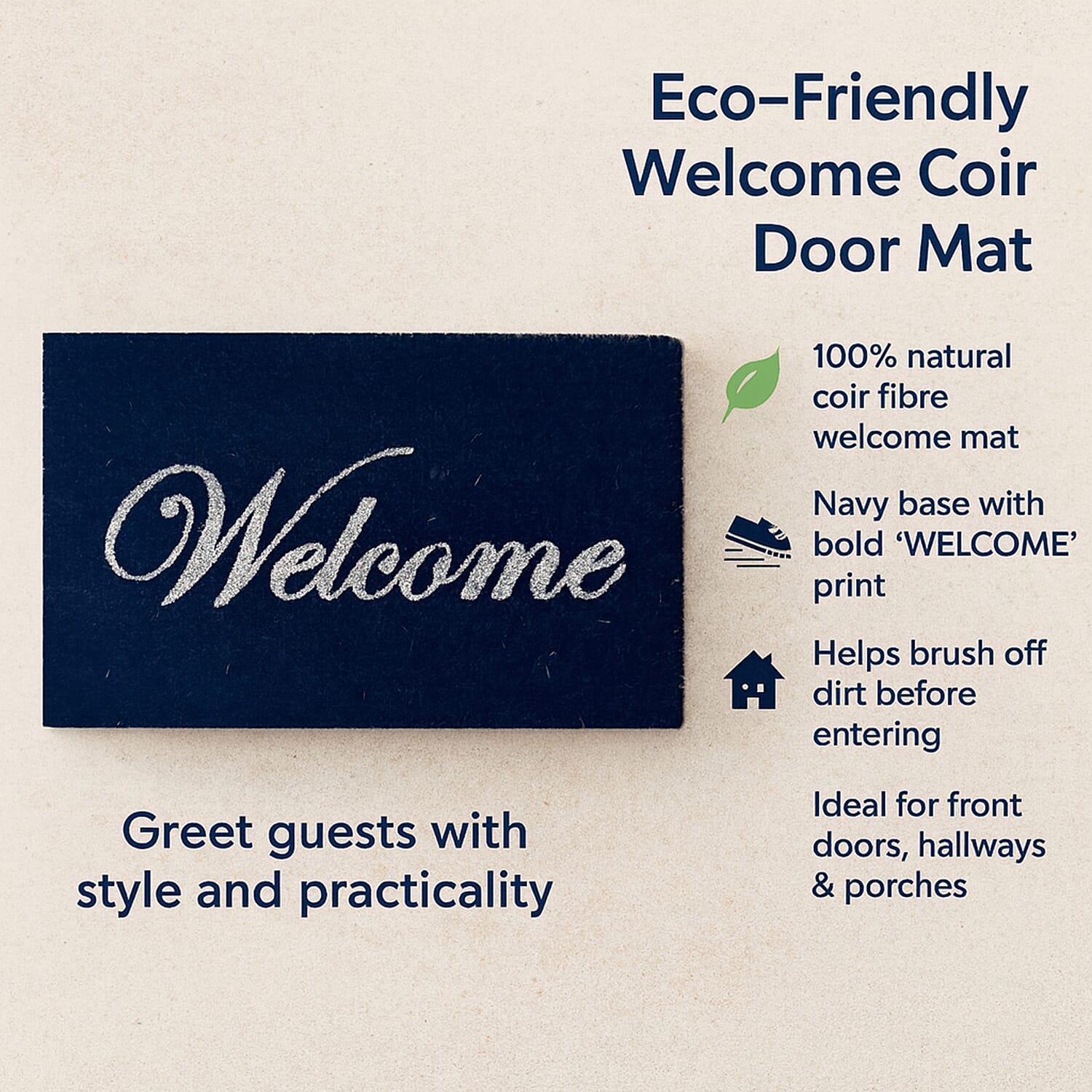 Eco-Friendly Welcome Print 100% Coir Door Mat - Navy