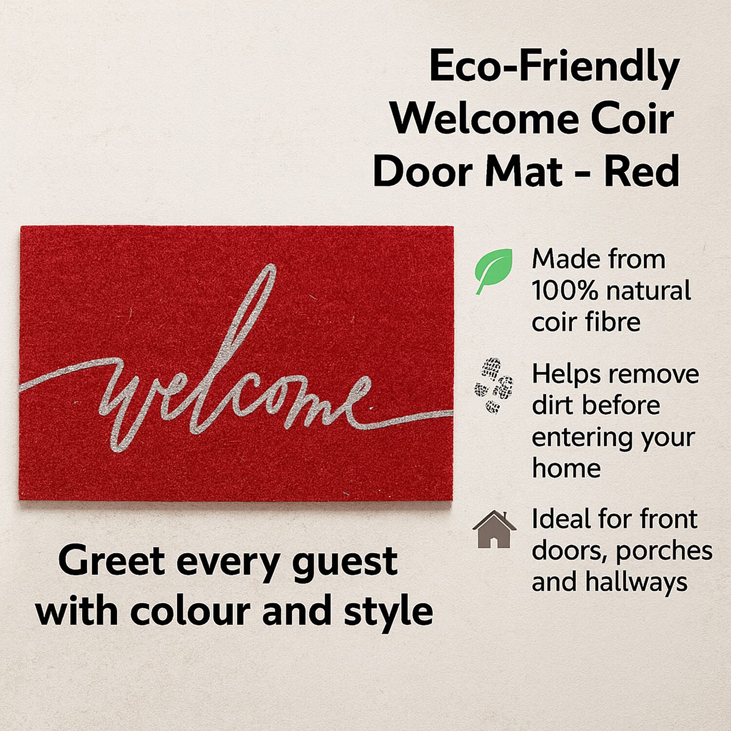 Eco-Friendly Welcome Print 100% Coir Door Mat - Red
