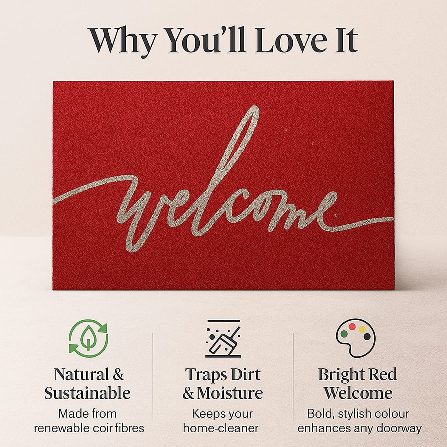 Eco-Friendly Welcome Print 100% Coir Door Mat - Red