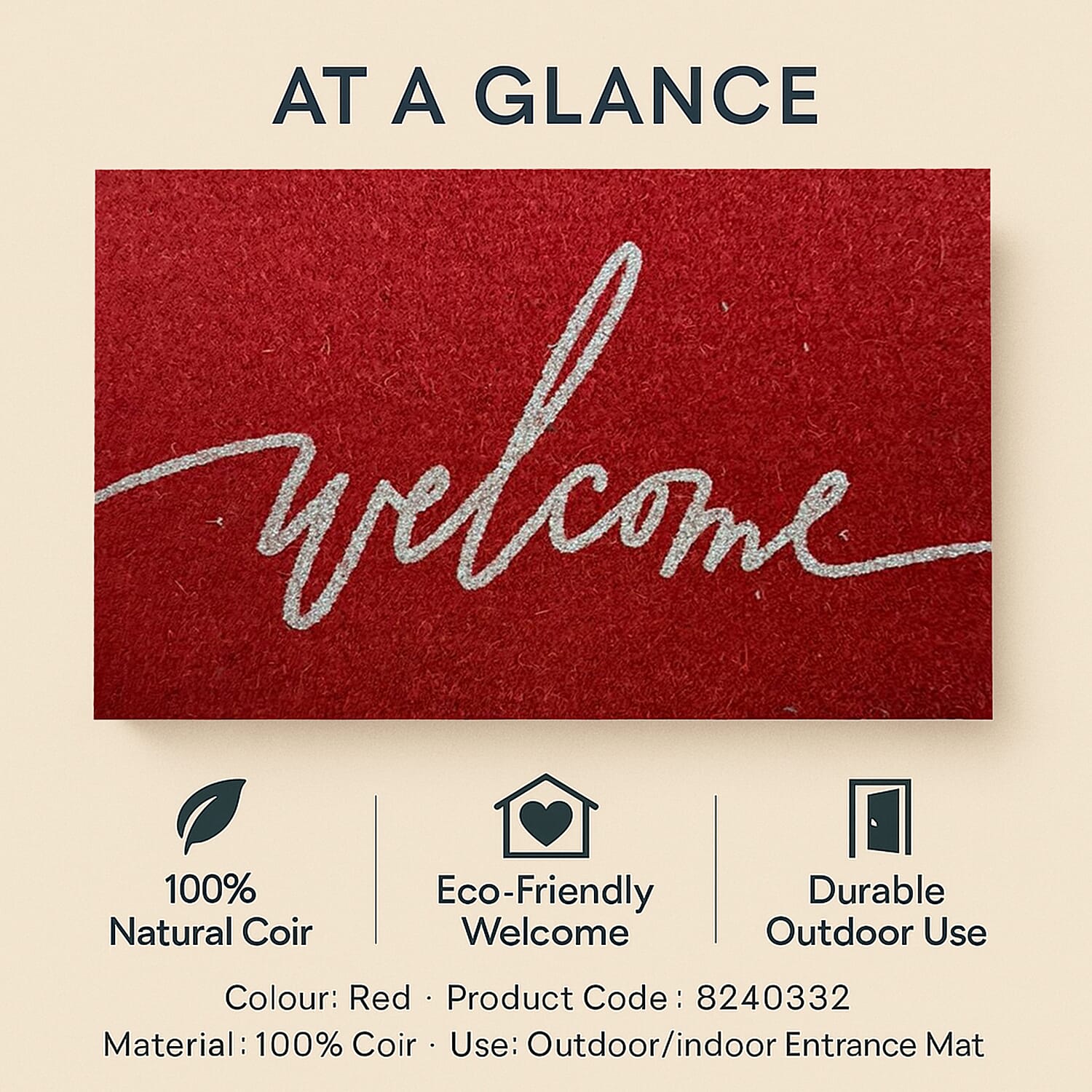 Eco-Friendly Welcome Print 100% Coir Door Mat - Red