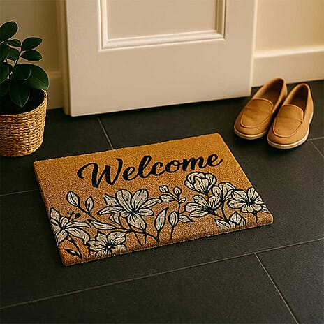 Eco-Friendly Floral Print 100% Coir Door Mat - Brown