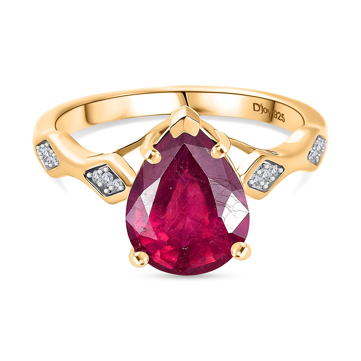 African Ruby & White Zircon Ring in 18K Vermeil Yellow Gold Plated Sterling Silver 3.32 Ct.