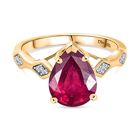 African Ruby & White Zircon Ring in 18K Vermeil Yellow Gold Plated Sterling Silver 3.32 Ct.