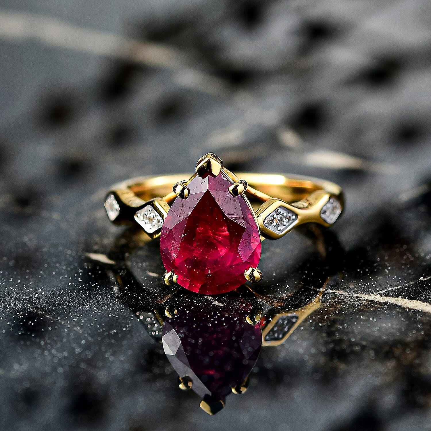 African Ruby & White Zircon Ring in 18K Vermeil Yellow Gold Plated Sterling Silver 3.32 Ct.