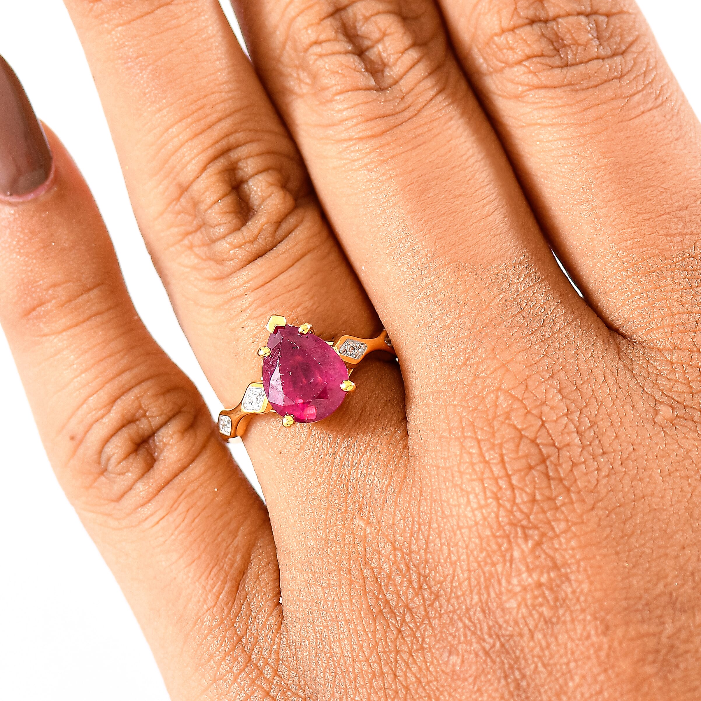 African Ruby & White Zircon Ring in 18K Vermeil Yellow Gold Plated Sterling Silver 3.32 Ct.