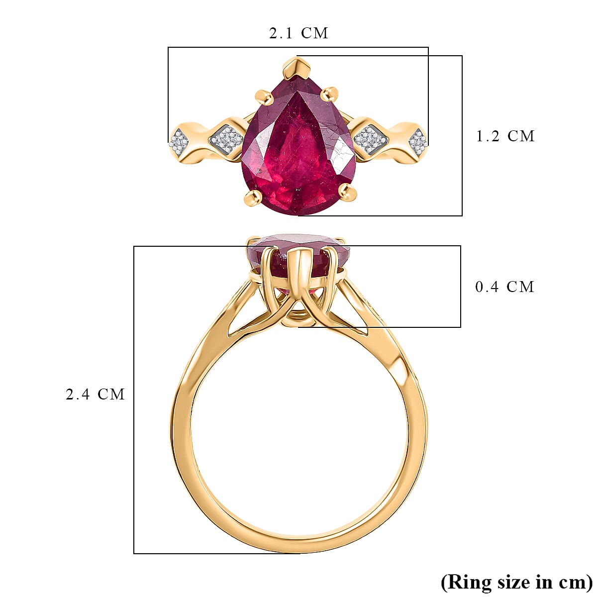 African Ruby & White Zircon Ring in 18K Vermeil Yellow Gold Plated Sterling Silver 3.32 Ct.