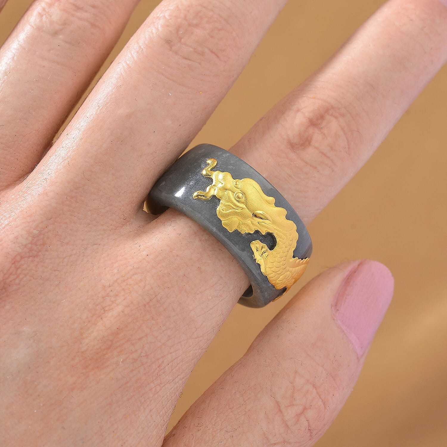 24K Yellow Gold Natural Type A Jadeite Dragon Band Ring 40.00 Ct.
