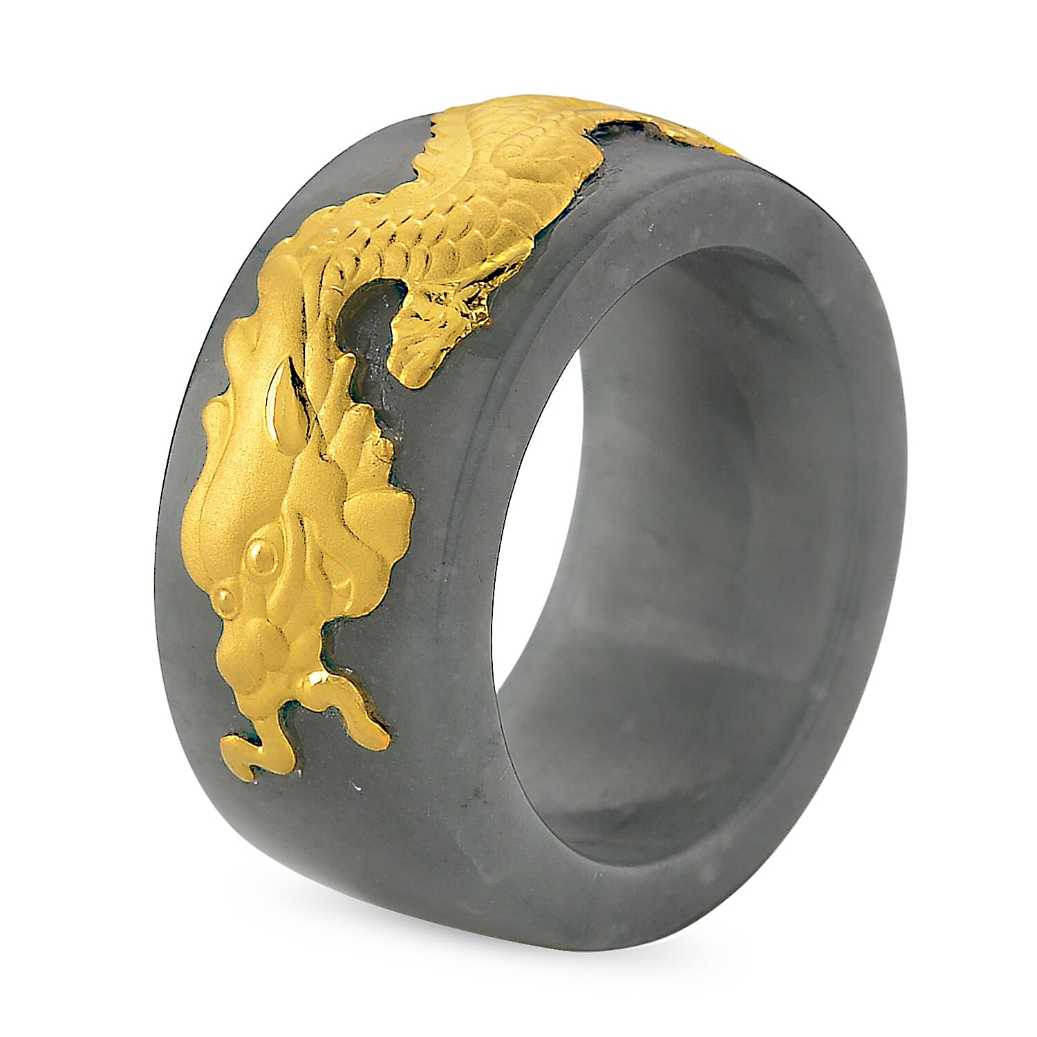24K Yellow Gold Natural Type A Jadeite Dragon Band Ring 40.00 Ct.