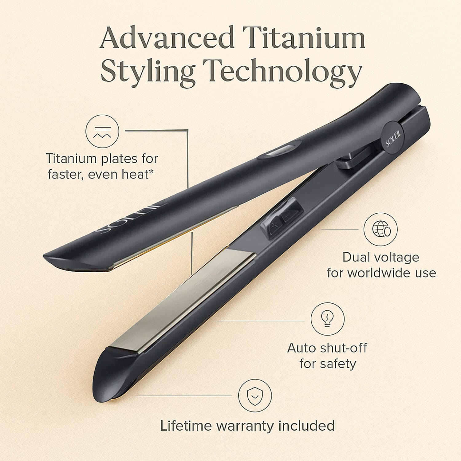 MEGA CLOSEOUT DEAL - SOLEIL Flat Iron Titanium Styler With Lifetime Warranty - Black