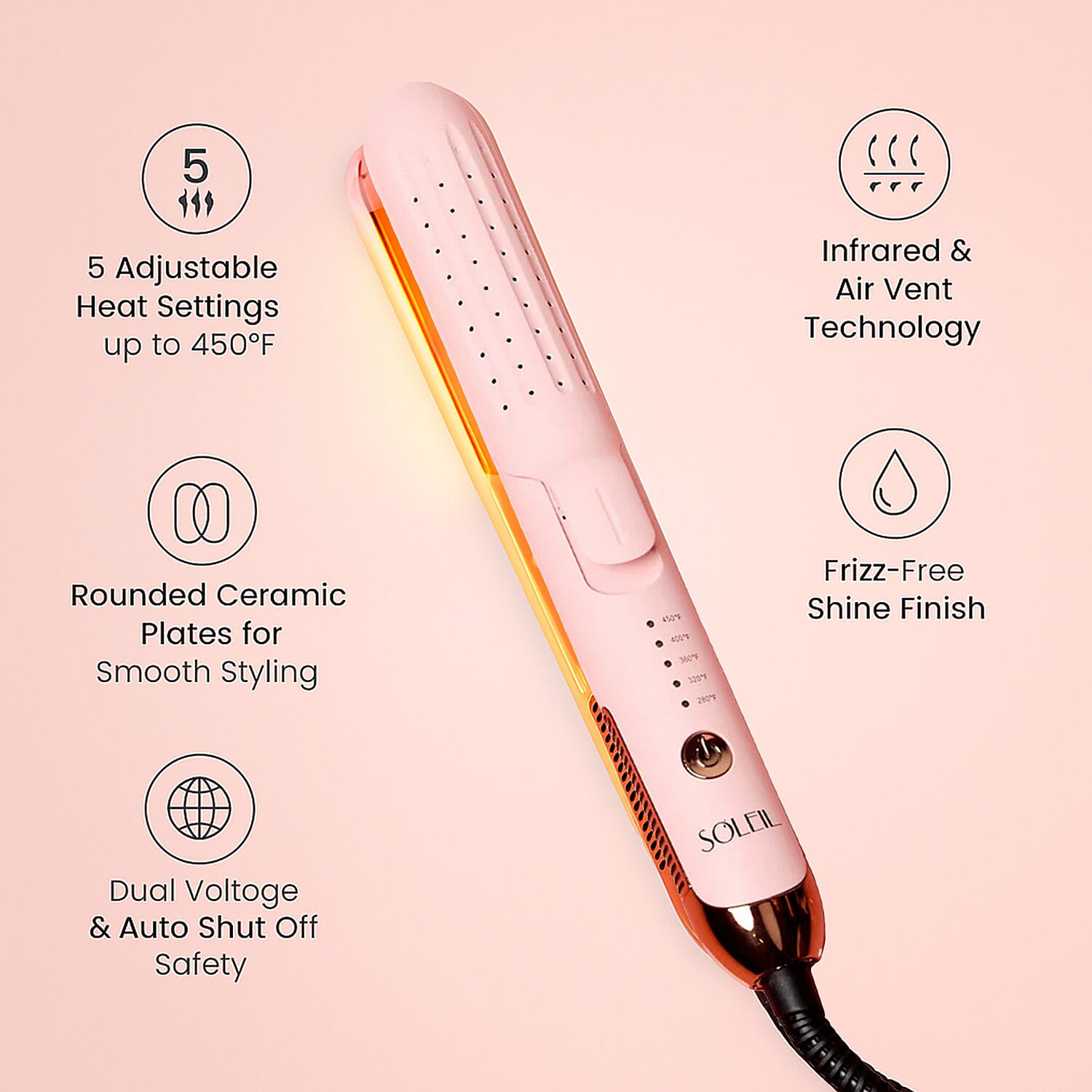 SOLEIL Air Glider Curls & Straightens - Baby Pinkwith Lifetime Warranty