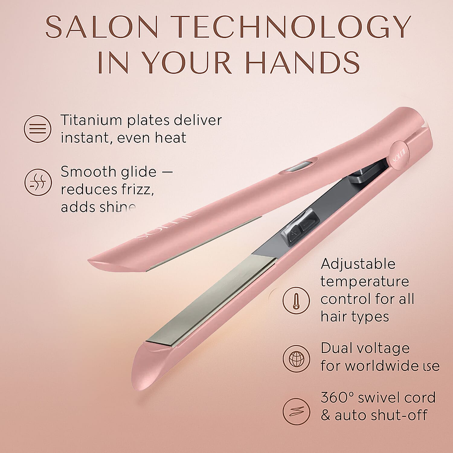 MEGA CLOSEOUT DEAL - SOLEIL Flat Iron Titanium Styler With Lifetime Warranty - Rose Gold