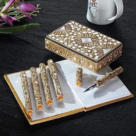 Elegant 7-Piece Beaded Stationery Set - 1 Beaded Box, 1 Diary, 5 Beaded Pens - Yellow