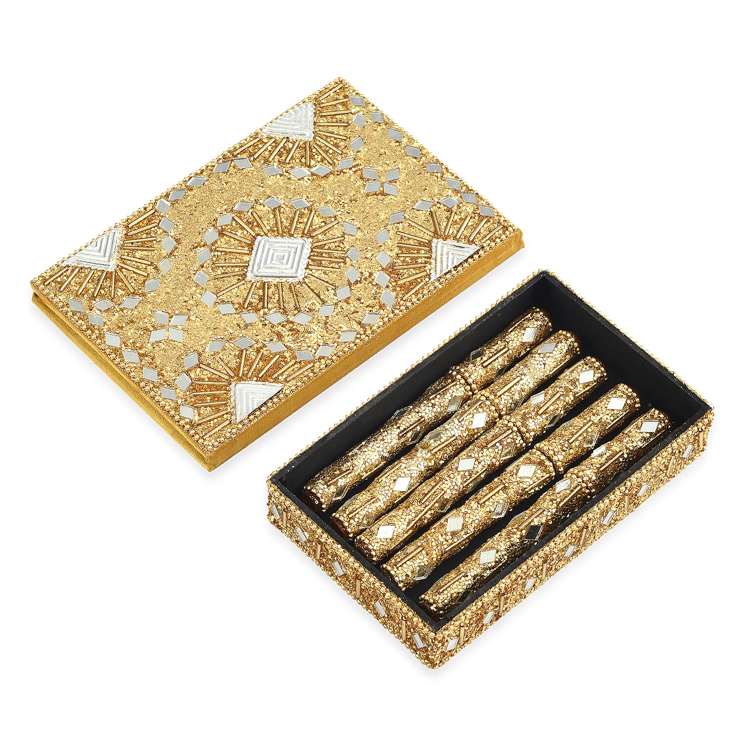 Elegant 7-Piece Beaded Stationery Set - 1 Beaded Box, 1 Diary, 5 Beaded Pens - Yellow