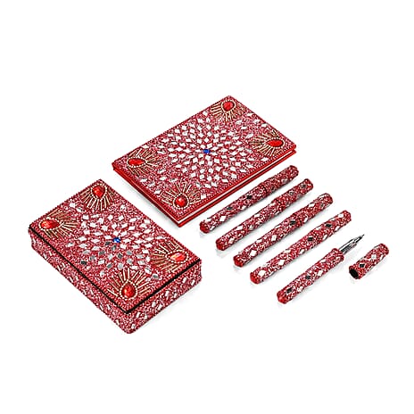 LIVMORE Elegant 7-Piece Beaded Stationery Set - 1 Beaded Box, 1 Diary, 5 Beaded Pens - Red