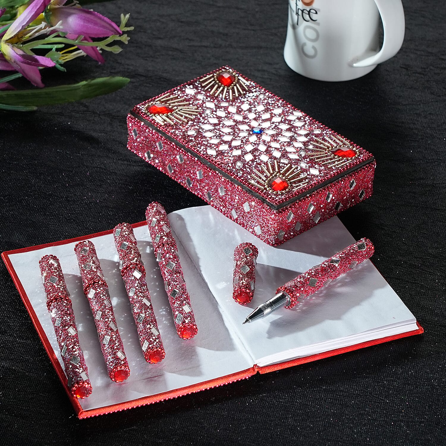LIVMORE Elegant 7-Piece Beaded Stationery Set - 1 Beaded Box, 1 Diary, 5 Beaded Pens - Red