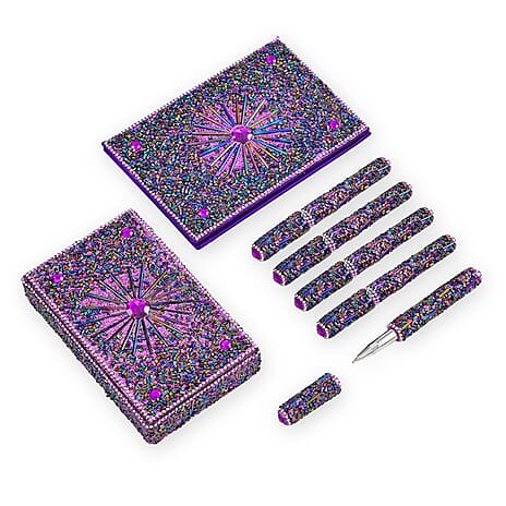 LIVMORE Elegant 7-Piece Beaded Stationery Set - 1 Beaded Box, 1 Diary, 5 Beaded Pens - Purple