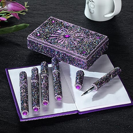 LIVMORE Elegant 7-Piece Beaded Stationery Set - 1 Beaded Box, 1 Diary, 5 Beaded Pens - Purple