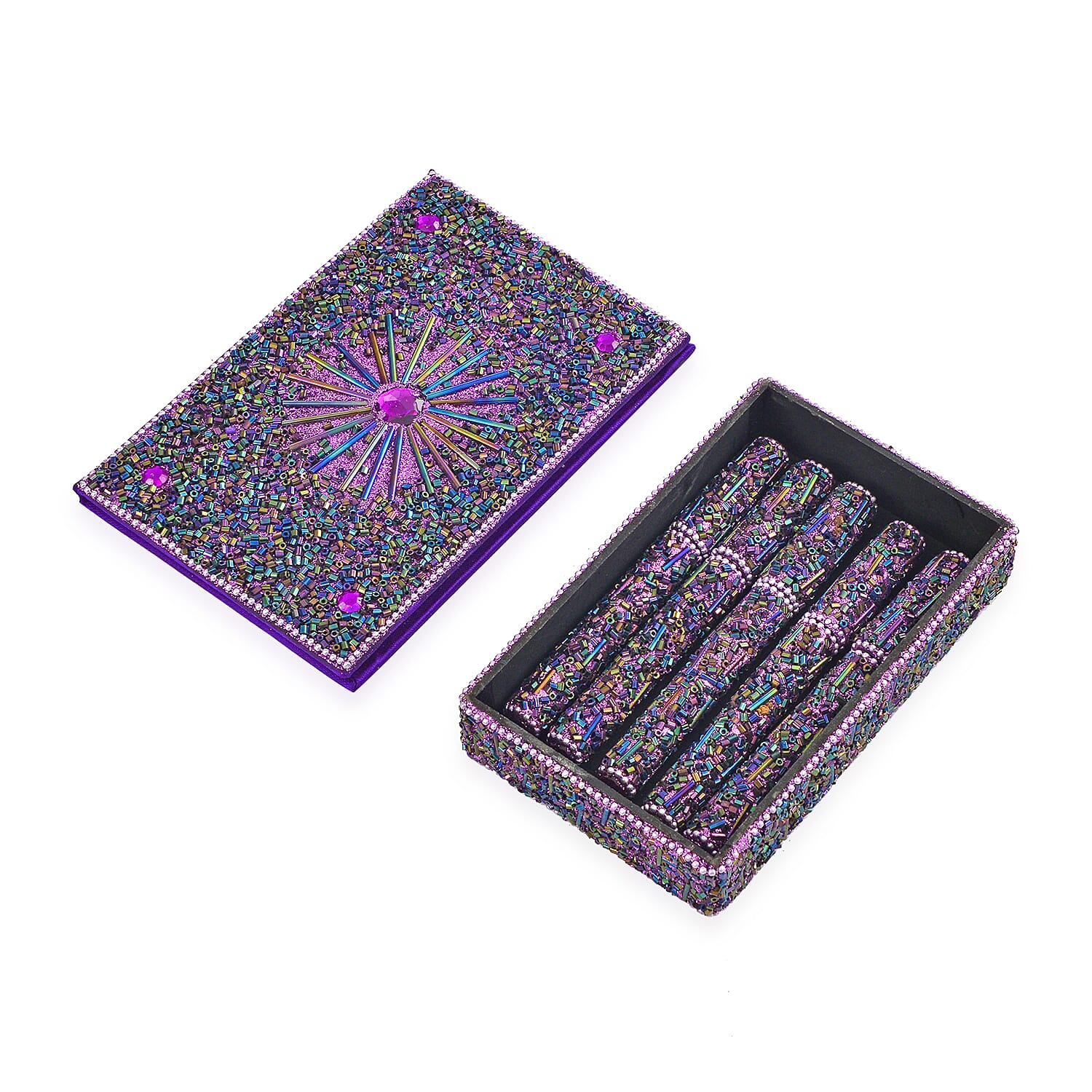 LIVMORE Elegant 7-Piece Beaded Stationery Set - 1 Beaded Box, 1 Diary, 5 Beaded Pens - Purple
