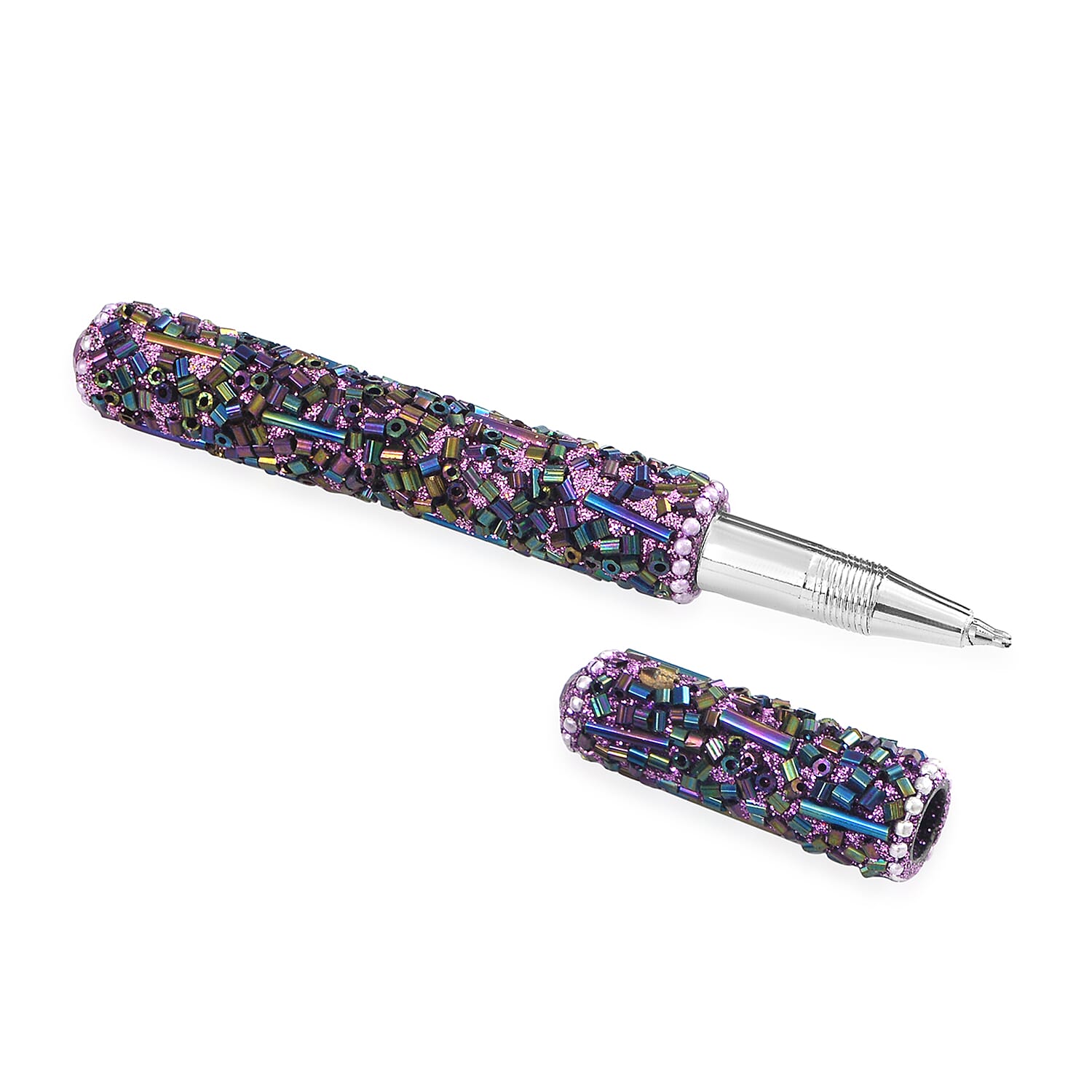LIVMORE Elegant 7-Piece Beaded Stationery Set - 1 Beaded Box, 1 Diary, 5 Beaded Pens - Purple