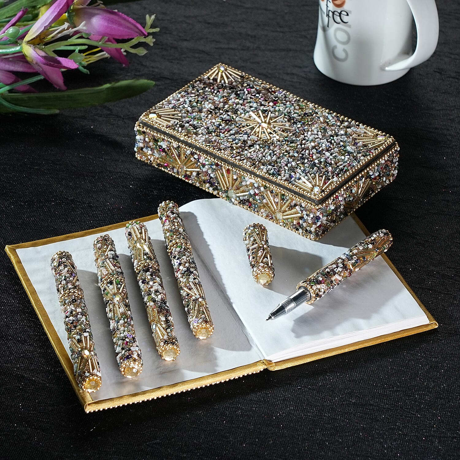 LIVMORE Elegant 7-Piece Beaded Stationery Set - 1 Beaded Box, 1 Diary, 5 Beaded Pens - Brown