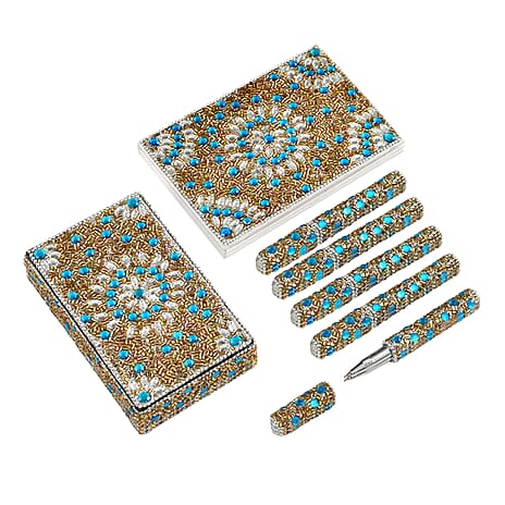 LIVMORE Elegant 7-Piece Beaded Stationery Set - 1 Beaded Box, 1 Diary, 5 Beaded Pens - Blue