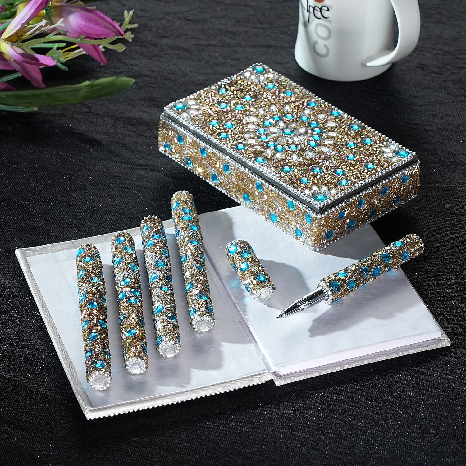 LIVMORE Elegant 7-Piece Beaded Stationery Set - 1 Beaded Box, 1 Diary, 5 Beaded Pens - Blue