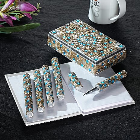 LIVMORE Elegant 7-Piece Beaded Stationery Set - 1 Beaded Box, 1 Diary, 5 Beaded Pens - Blue