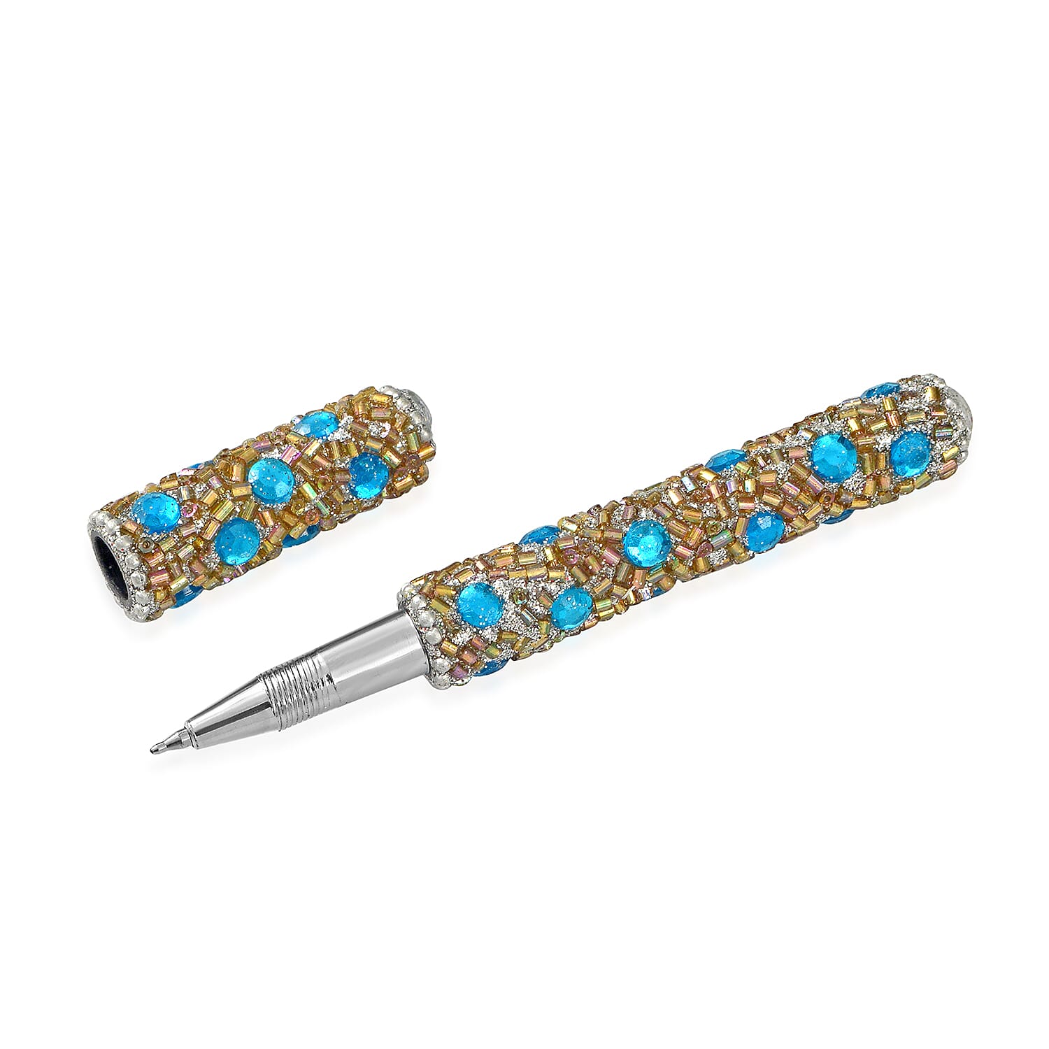 LIVMORE Elegant 7-Piece Beaded Stationery Set - 1 Beaded Box, 1 Diary, 5 Beaded Pens - Blue