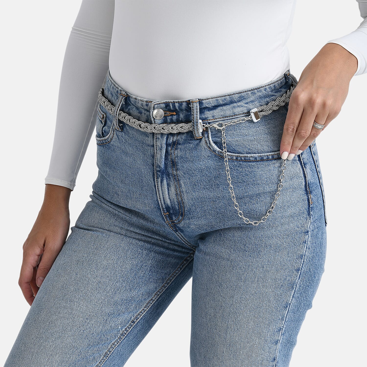 Fiber Belt with Rhinestones (120 cm) - Black & Silver