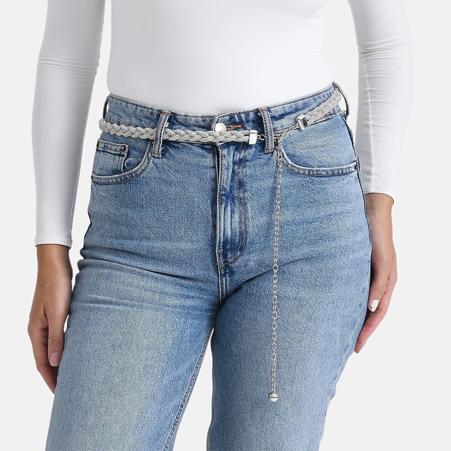 Fiber Belt with Rhinestones (120 cm) - White