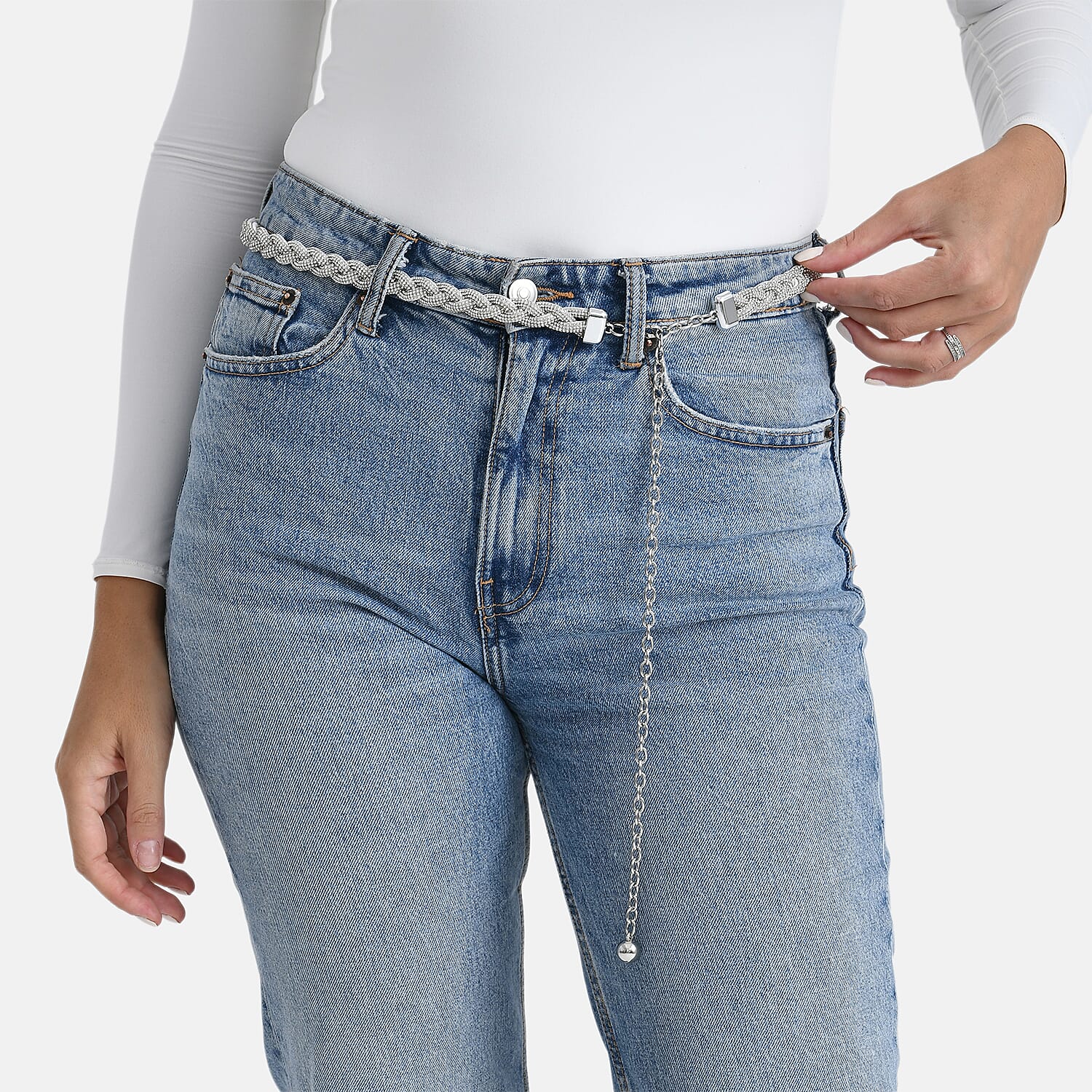 Fiber Belt with Rhinestones (120 cm) - White