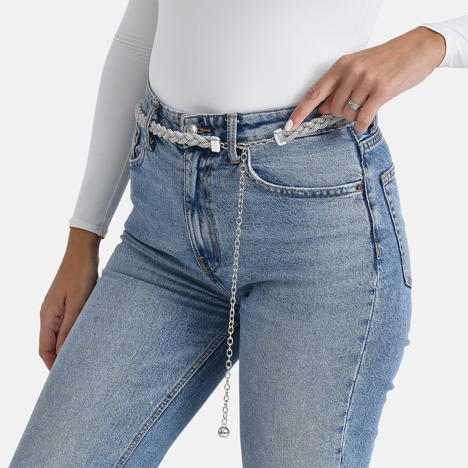 Fiber Belt with Rhinestones (120 cm) - White