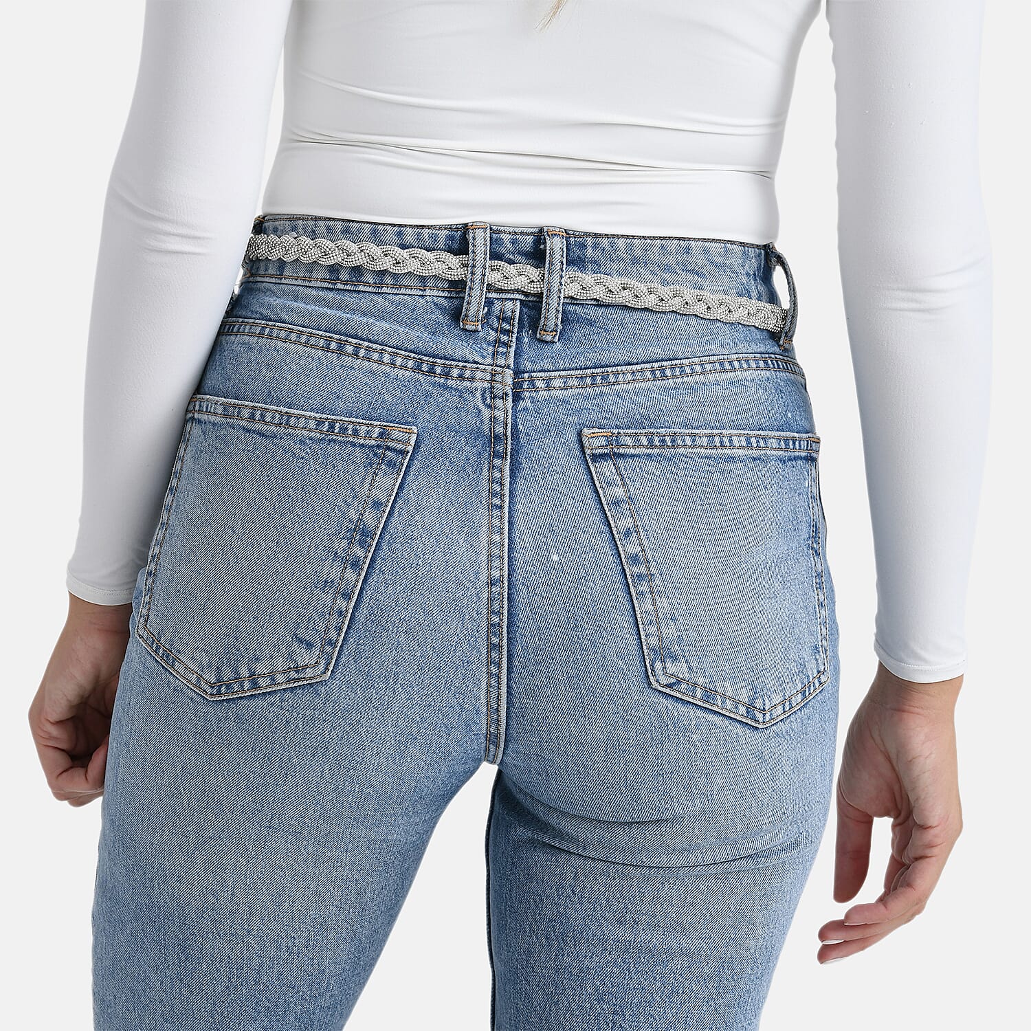 Fiber Belt with Rhinestones (120 cm) - White