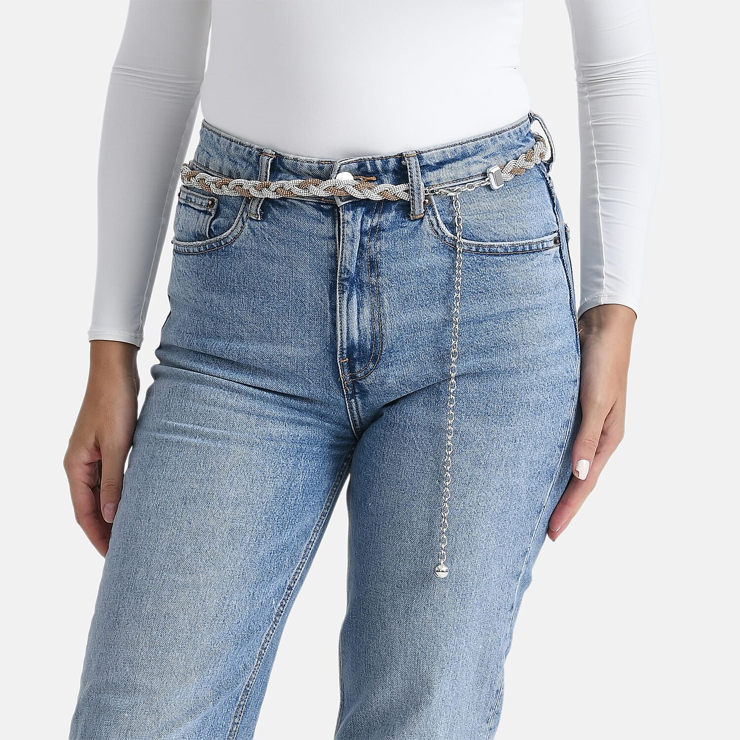 Fiber Belt with Rhinestones (120 cm) - Gold & White