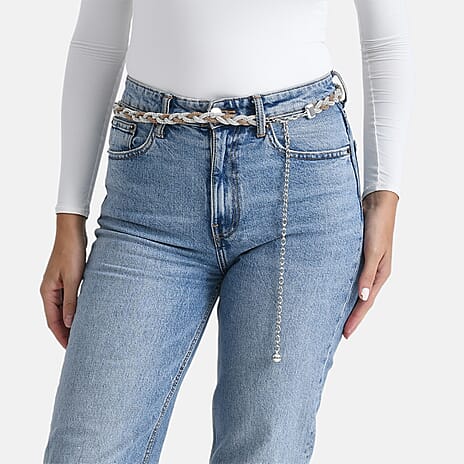 Fiber Belt with Rhinestones (120 cm) - Gold & White