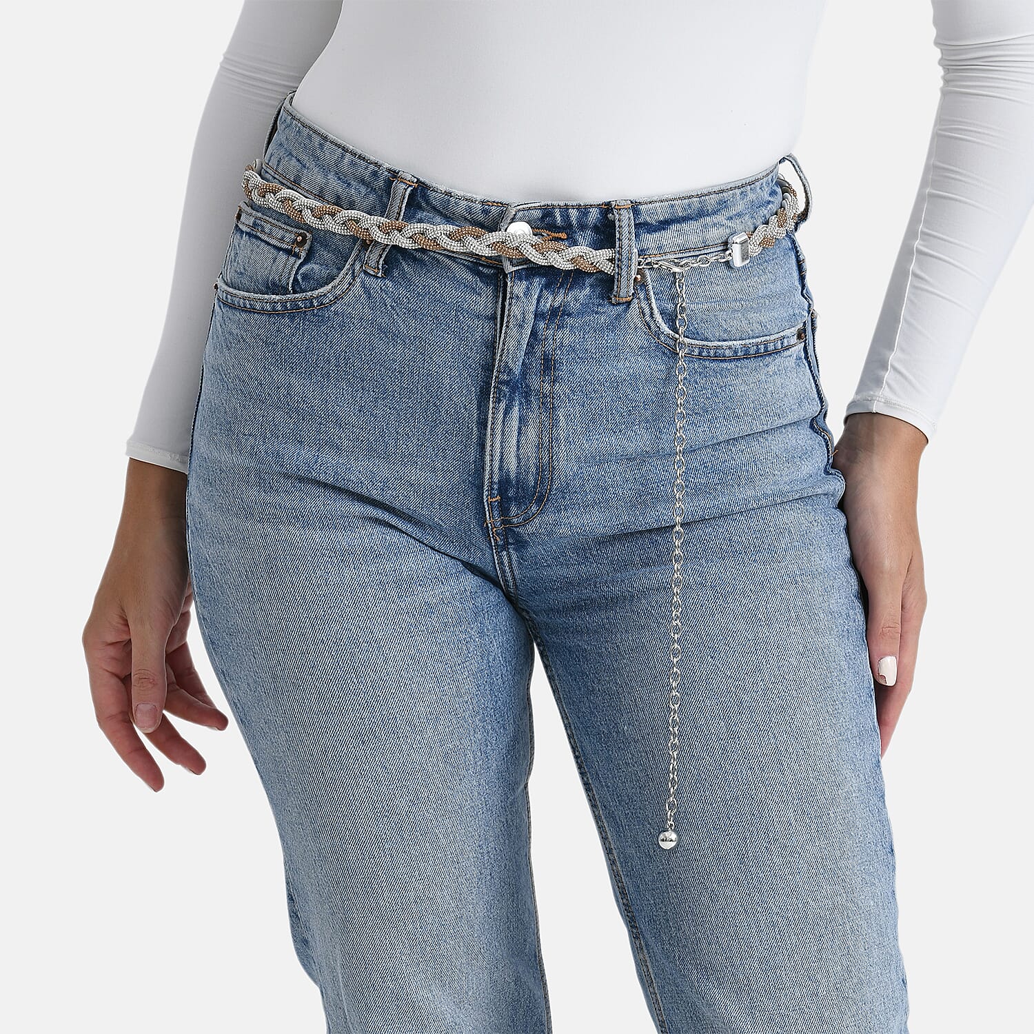 Fiber Belt with Rhinestones (120 cm) - Gold & White