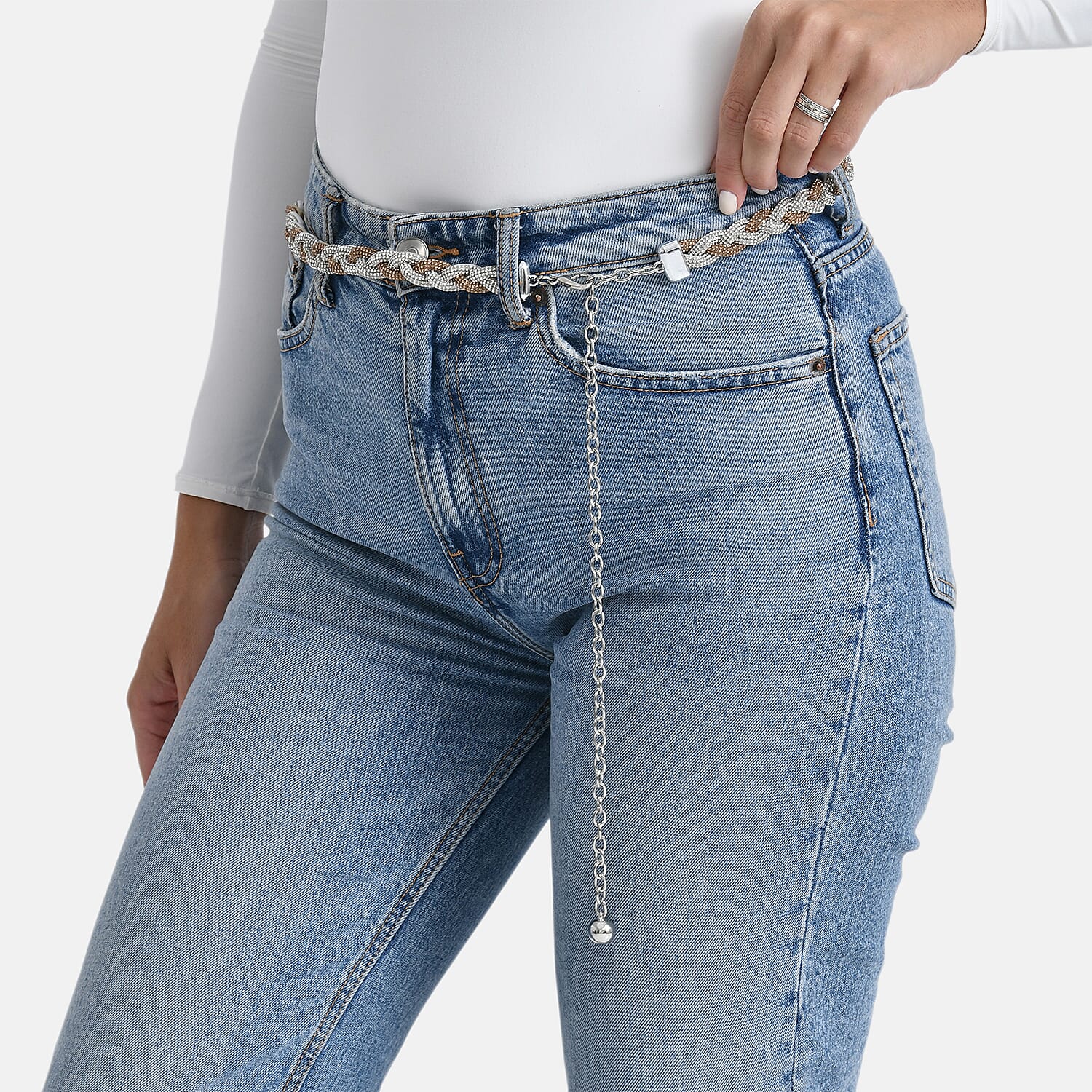 Fiber Belt with Rhinestones (120 cm) - Gold & White