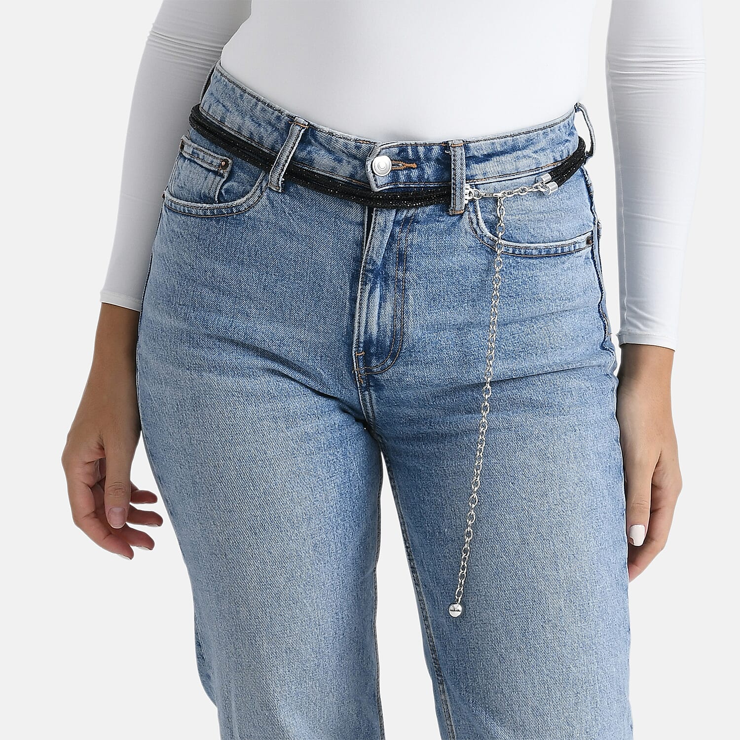 Fiber Belt with Rhinestones (120 cm) - Black