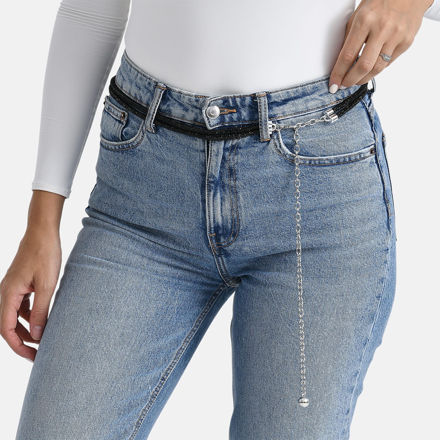 Fiber Belt with Rhinestones (120 cm) - Black