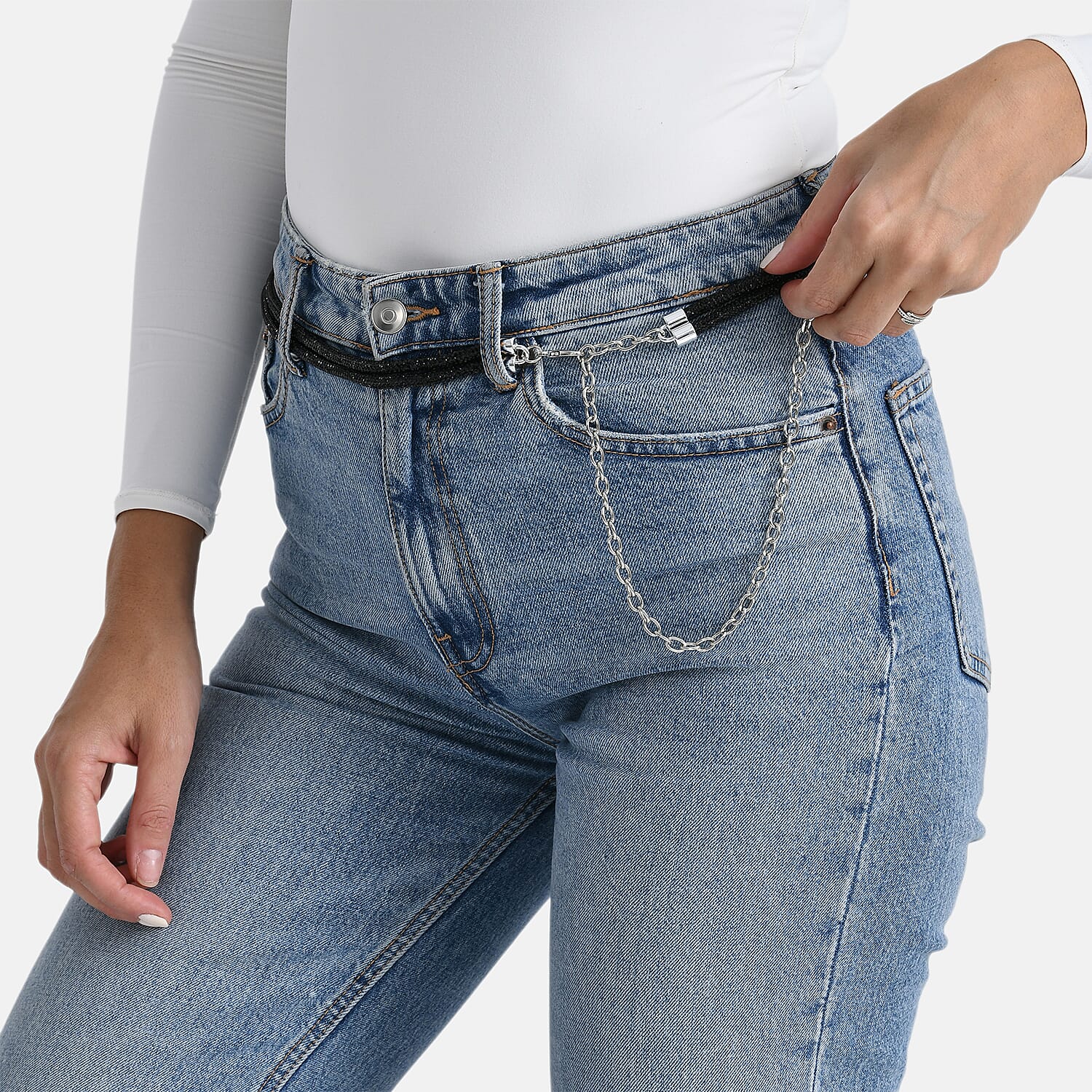 Fiber Belt with Rhinestones (120 cm) - Black