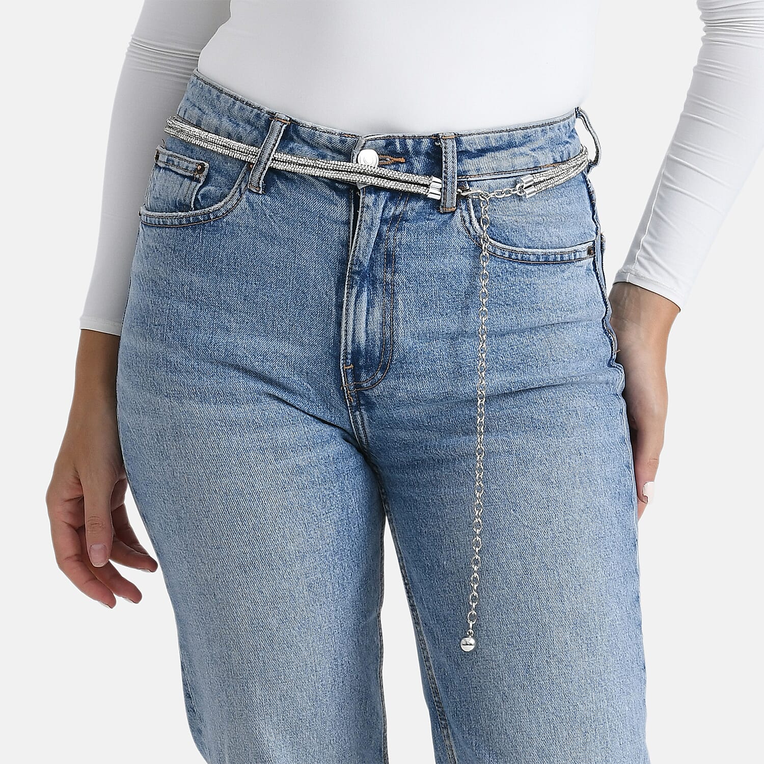 Fiber Belt with Rhinestones (120 cm) - Silver