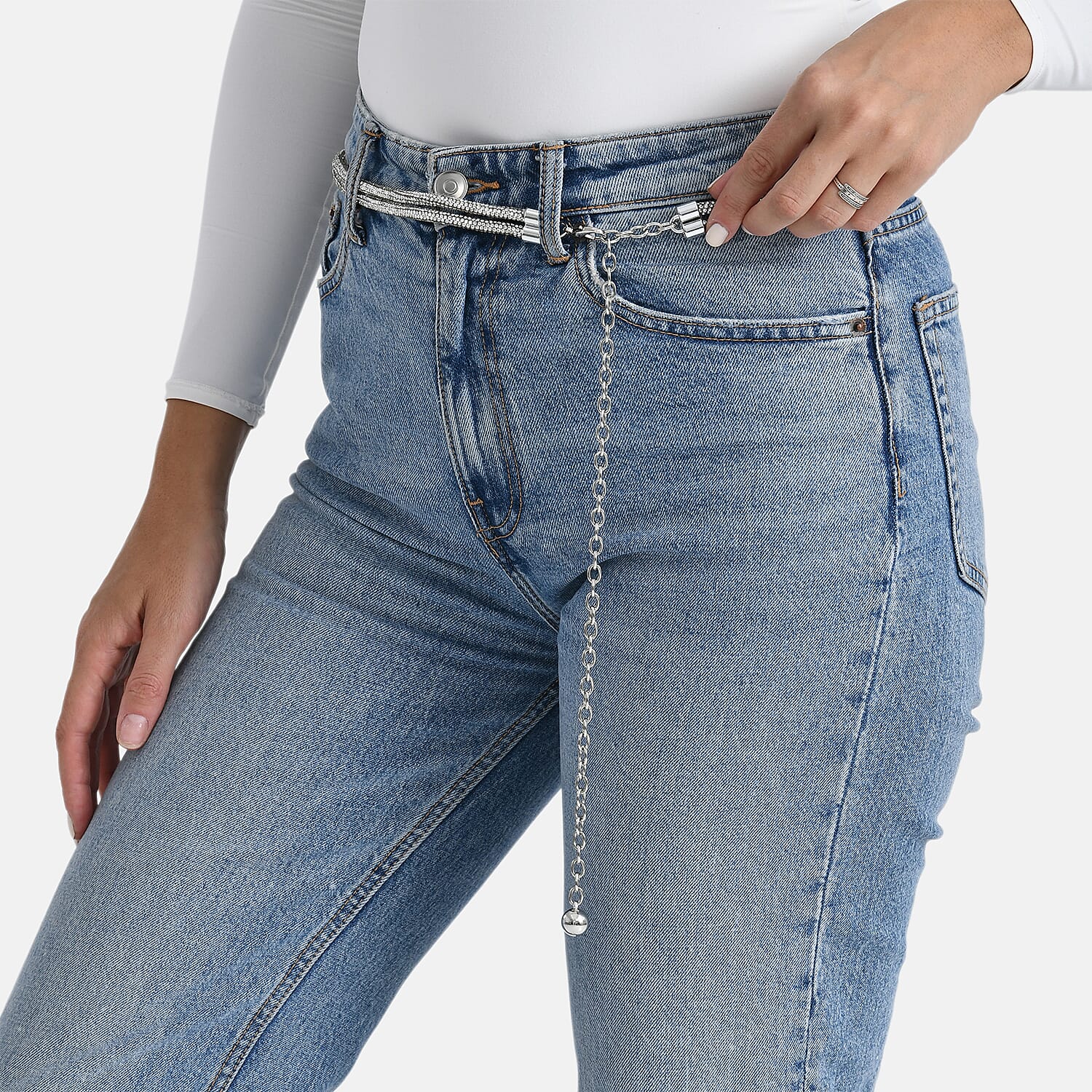 Fiber Belt with Rhinestones (120 cm) - Silver