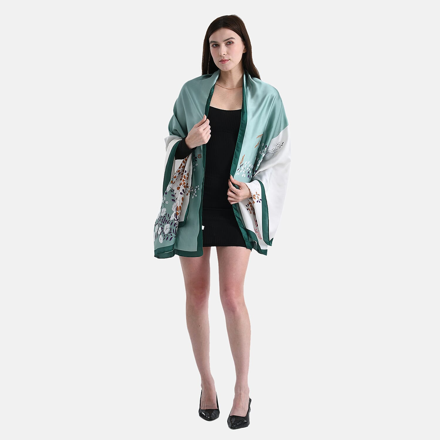 La Marey Elegant Printed Satin Scarf (180x80cm) - White & Green