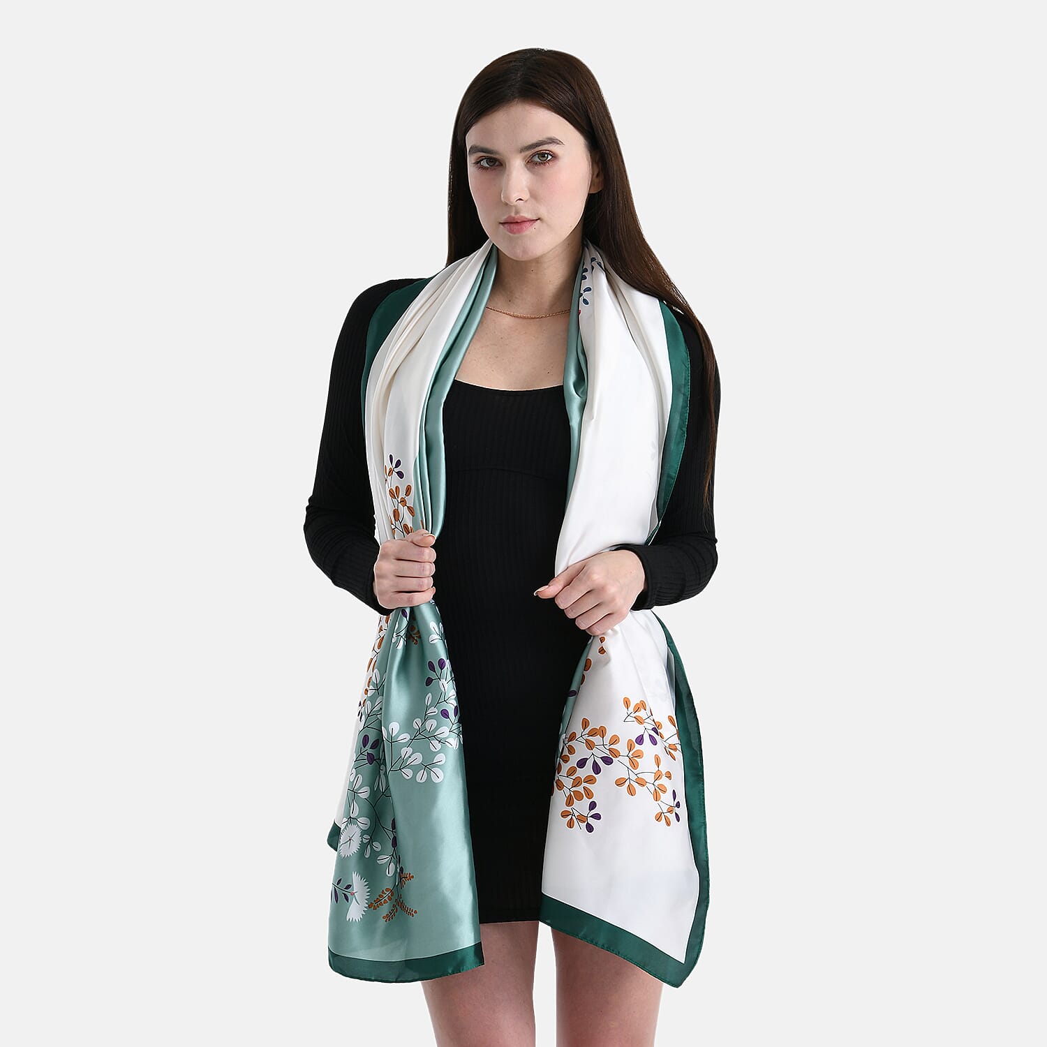 La Marey Elegant Printed Satin Scarf (180x80cm) - White & Green