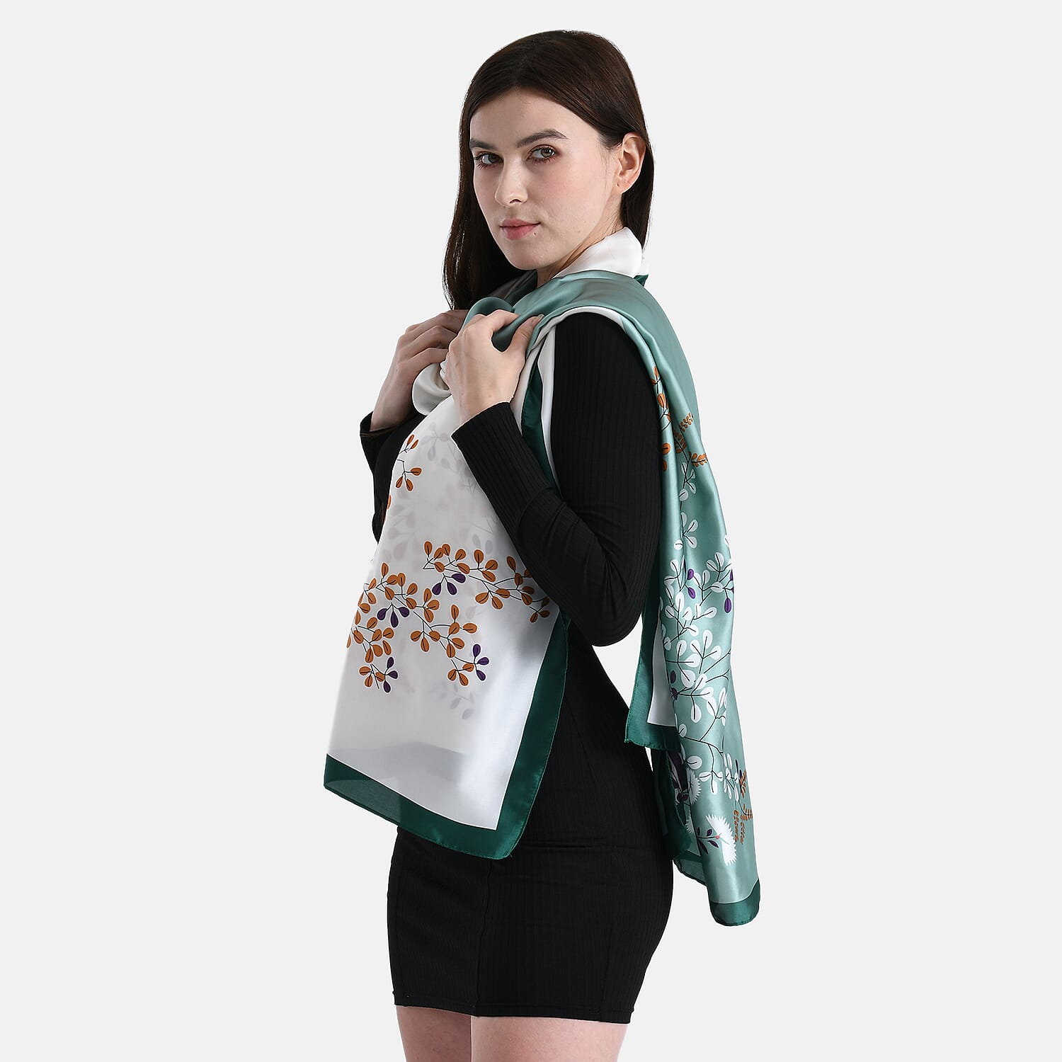 La Marey Elegant Printed Satin Scarf (180x80cm) - White & Green