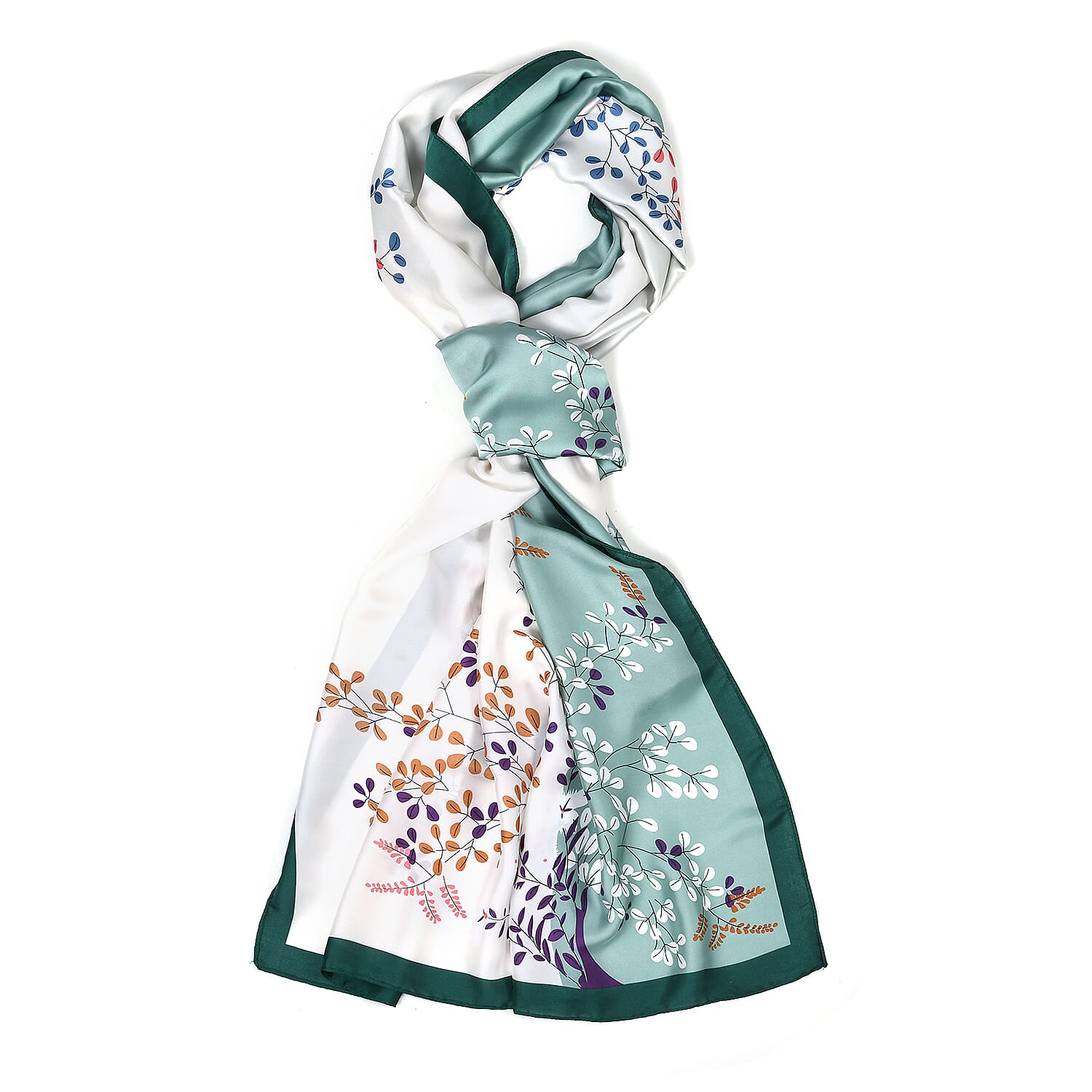 La Marey Elegant Printed Satin Scarf (180x80cm) - White & Green
