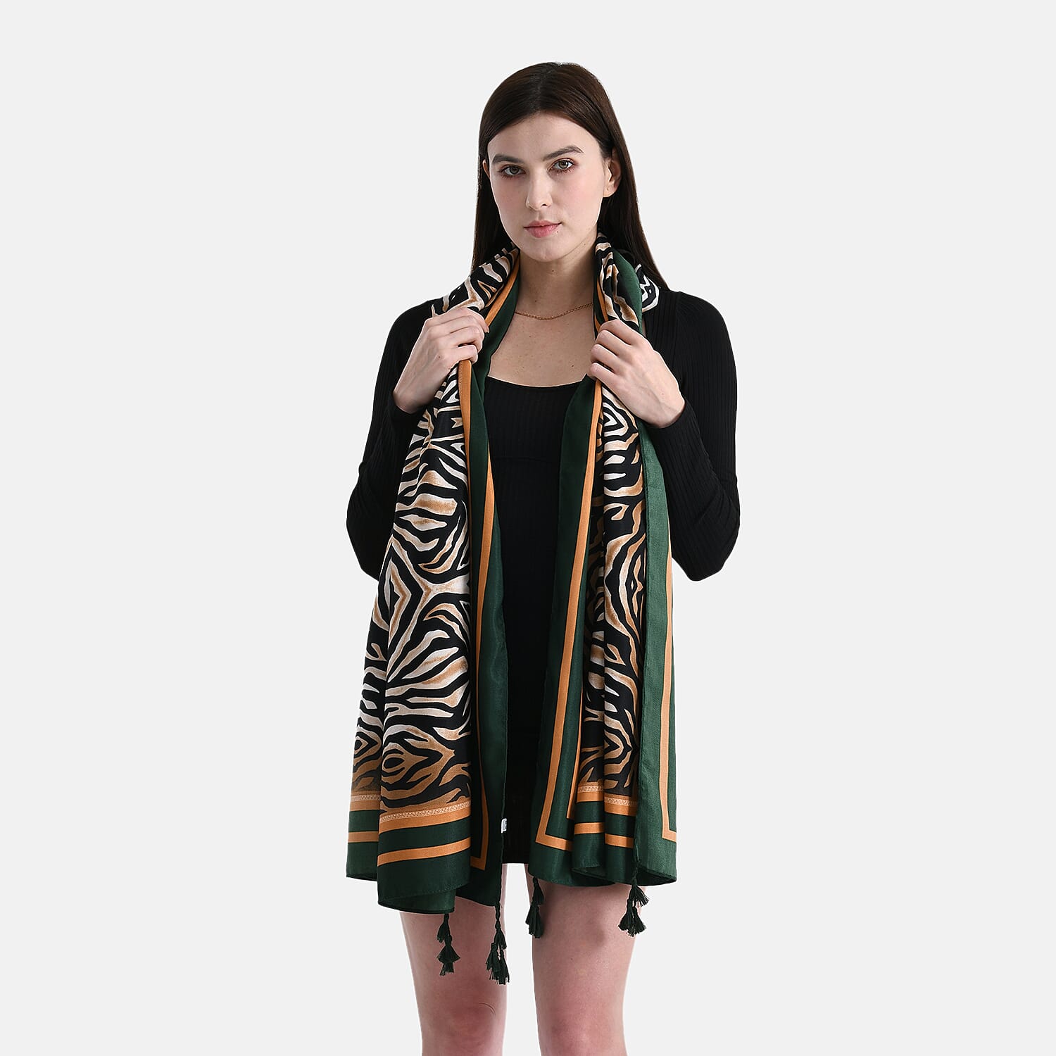 La Marey Elegant Printed Satin Scarf (180x80cm) - Black & Beige