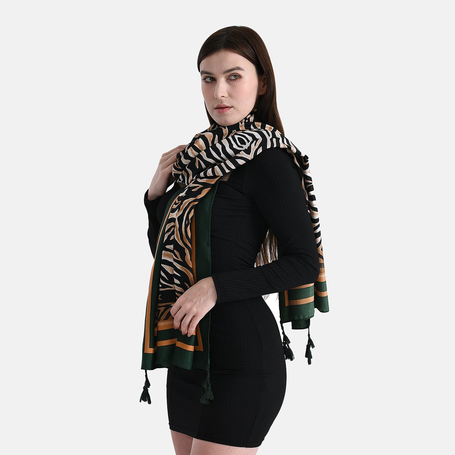 La Marey Elegant Printed Satin Scarf (180x80cm) - Black & Beige