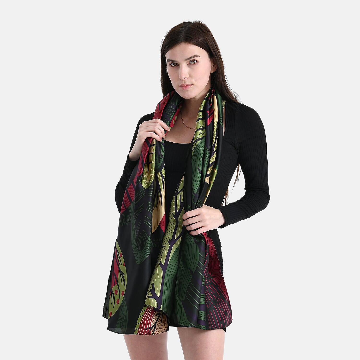 La Marey Satin Leaf Pattern Scarf - Green