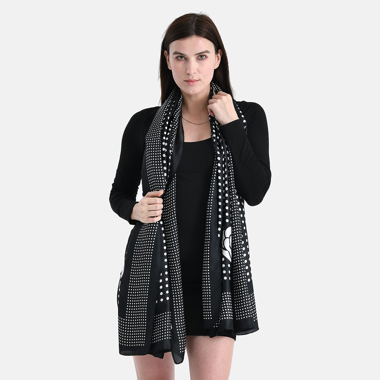 La Marey Satin Dots Print Scarf - Black & White